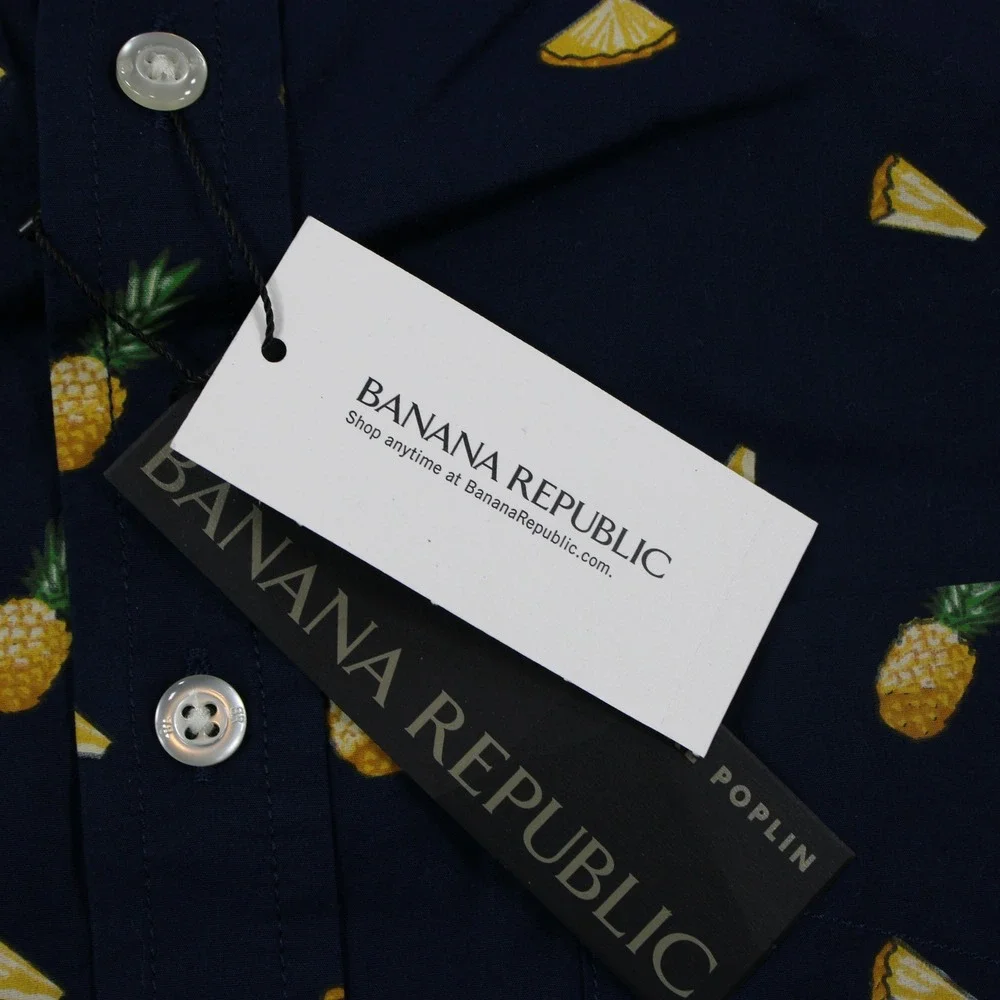 Banana Republic Mens Luxe Poplin Navy Pineapple Print Short Sleeve Shirt M Slim
